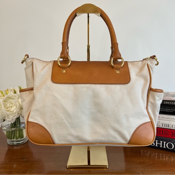 J. Crew Crossbody/Shoulder Bag/Handbag Cream Canvas and Tan Leather - Picture 3 of 13